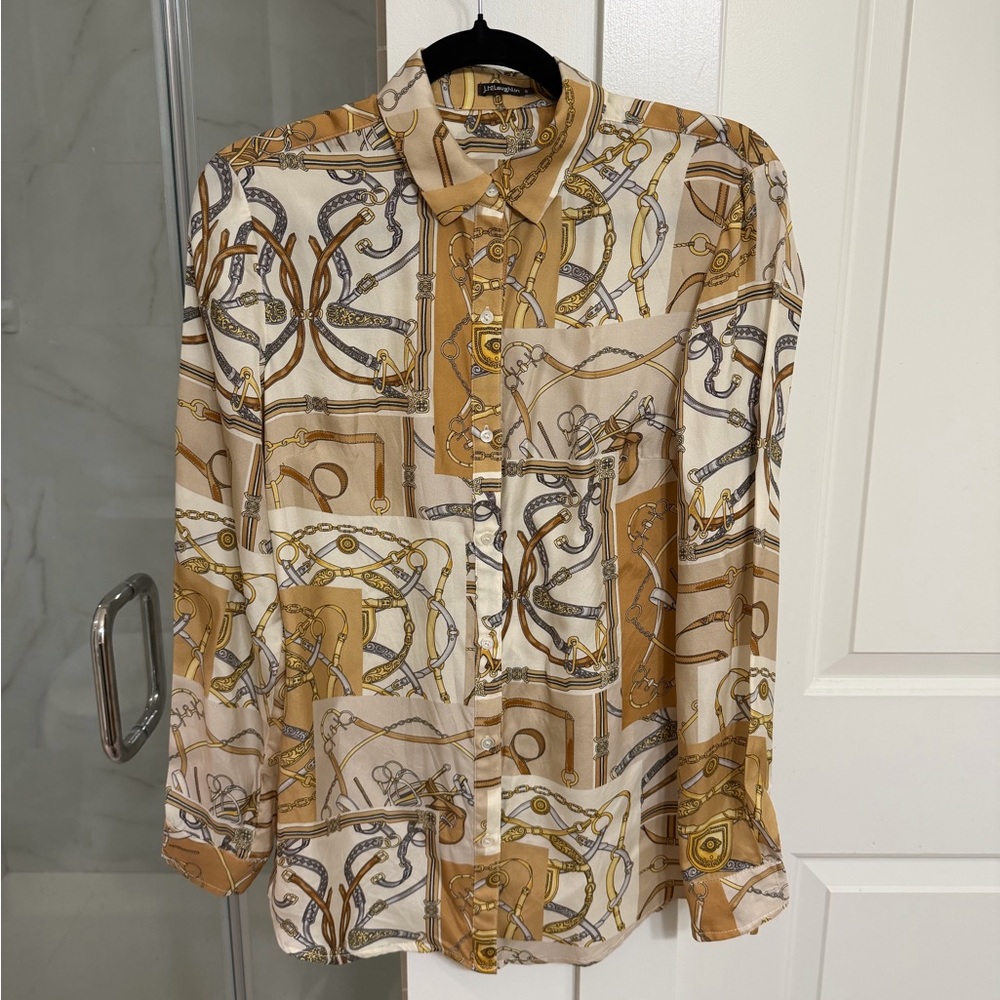 Equestrian Print Silk Blouse Top